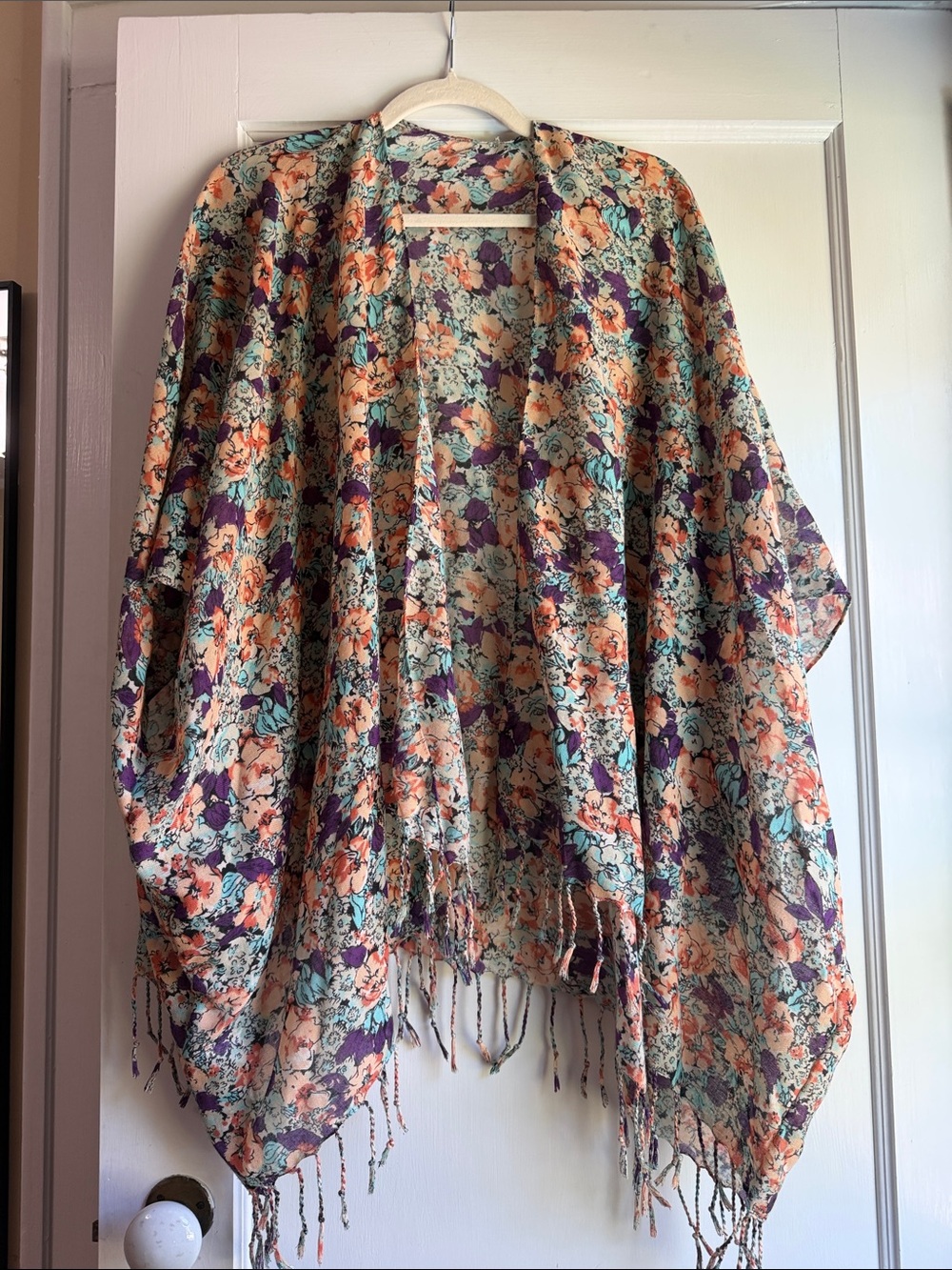 BCBGeneration Floral Fringe Open Kimono - Mint, Coral & Purple